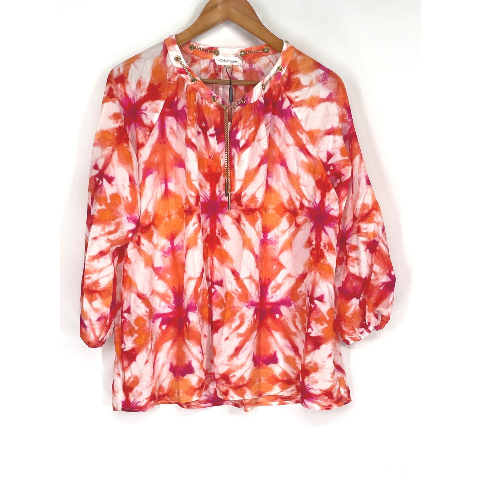 New Calvin Klein Women Blouse L Top Orange Pink Tie Dye Chain Neck 3/4 Sleeve